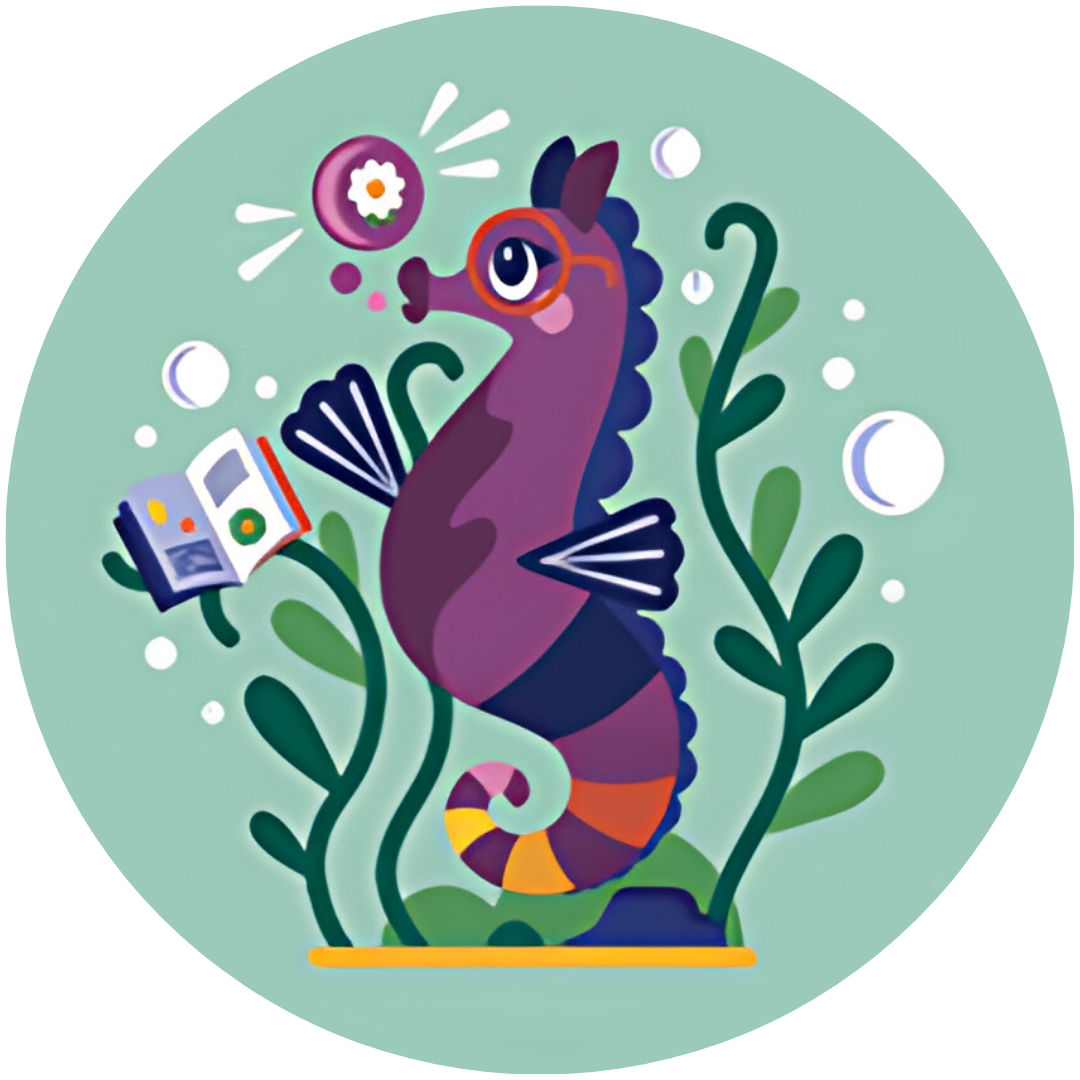 an illustrated image of Colleen Collaboration, a seahorse reading a book