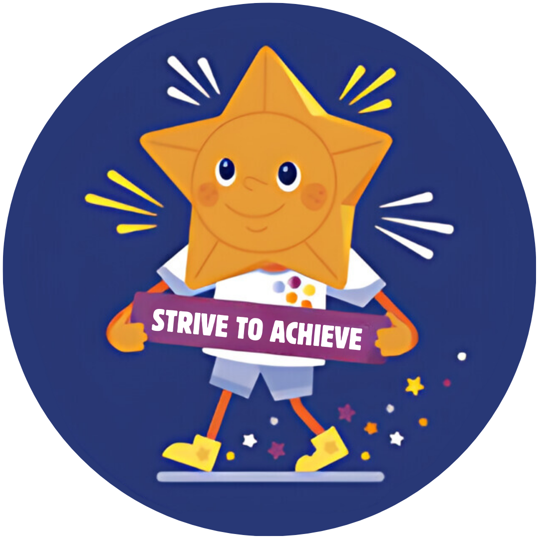 an illustrated image of Andy Aspiration, a star person holding a banner that says strive to achieve 
