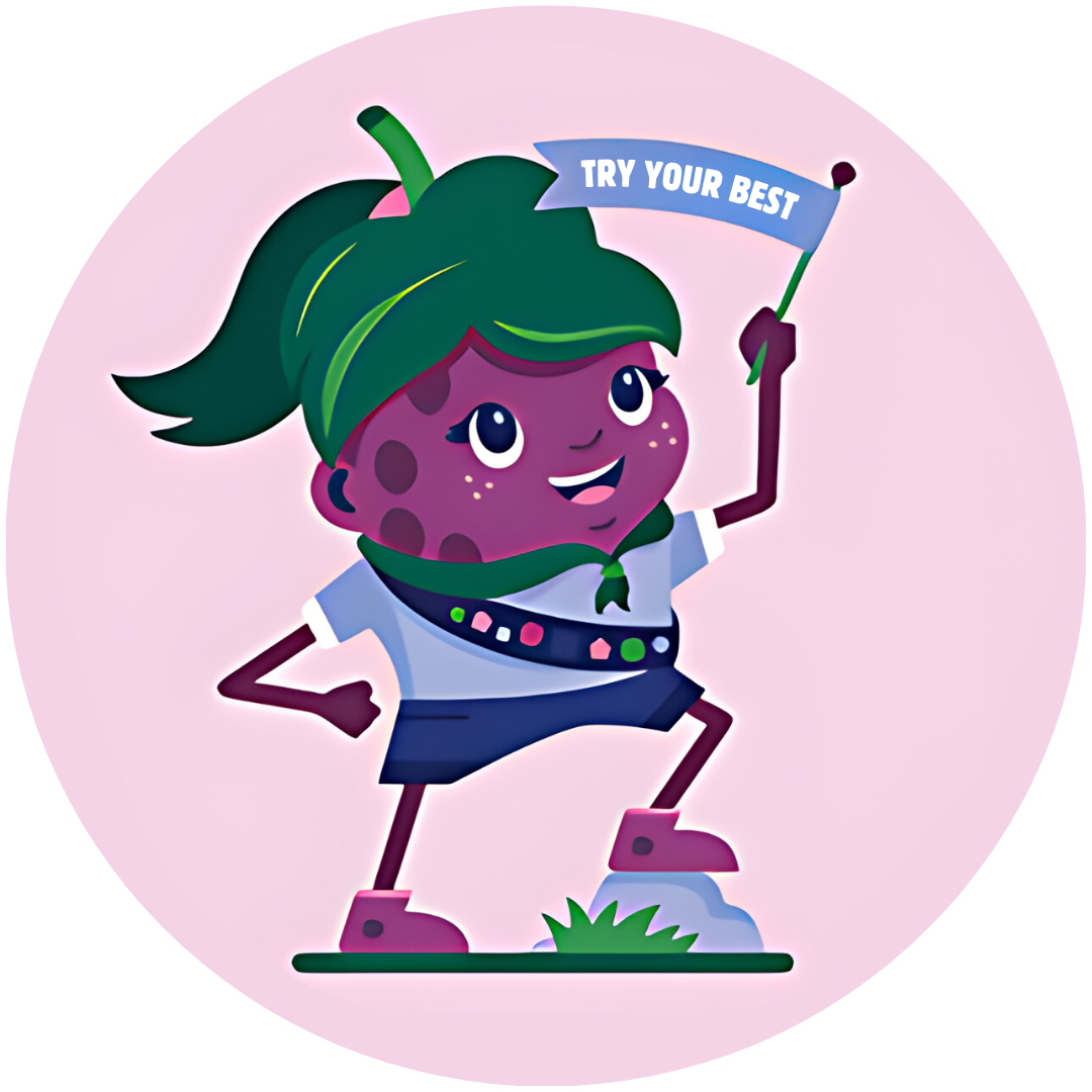 illustrated image of Rosie Resilience, a grape person dressed as a scout holding a flag that says try your best